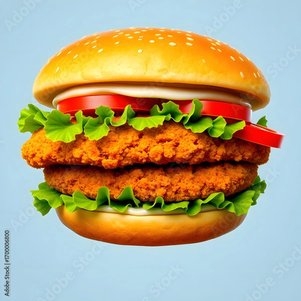 Fototapeta A delicious, appetizing double-decker chicken sandwich with fresh ingredients, isolated.