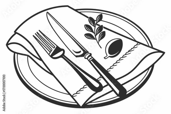Obraz Elegant Dinner Setting with Fork Knife and Olive Branch.