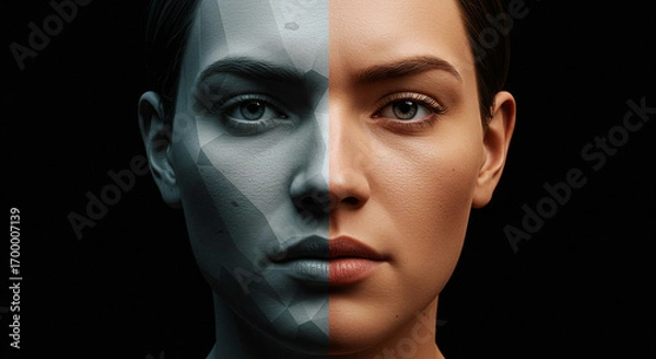 Fototapeta Woman's face split between human features and robotic design  