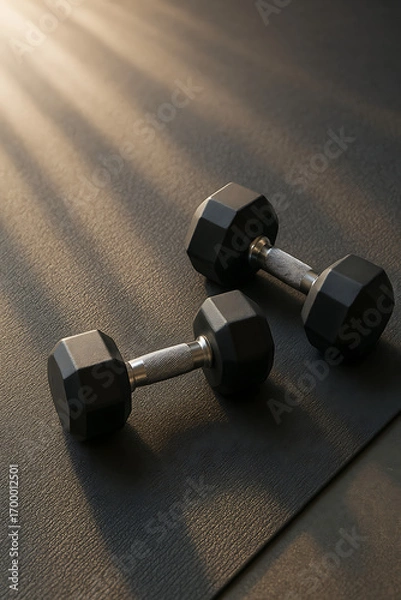 Fototapeta Two black hexagonal dumbbells resting on a dark exercise mat with dramatic light rays creating shadows, ready for a workout.