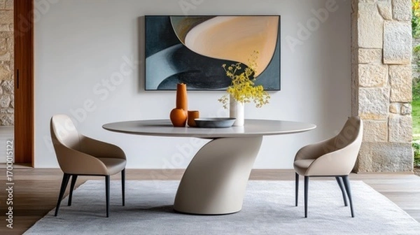 Fototapeta A modern interior with a round table and fashionable chairs, a work of modern art on the wall.