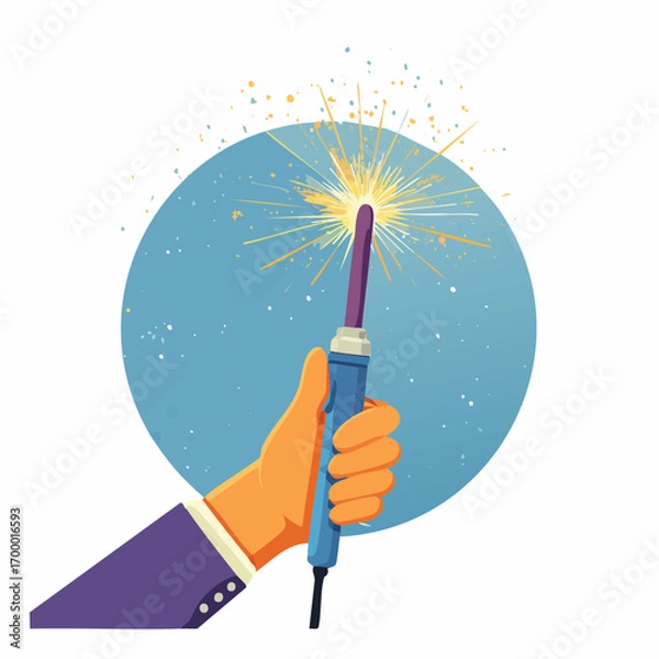 Fototapeta Hand Holding A Welding Tool With Sparks On A Blue Background