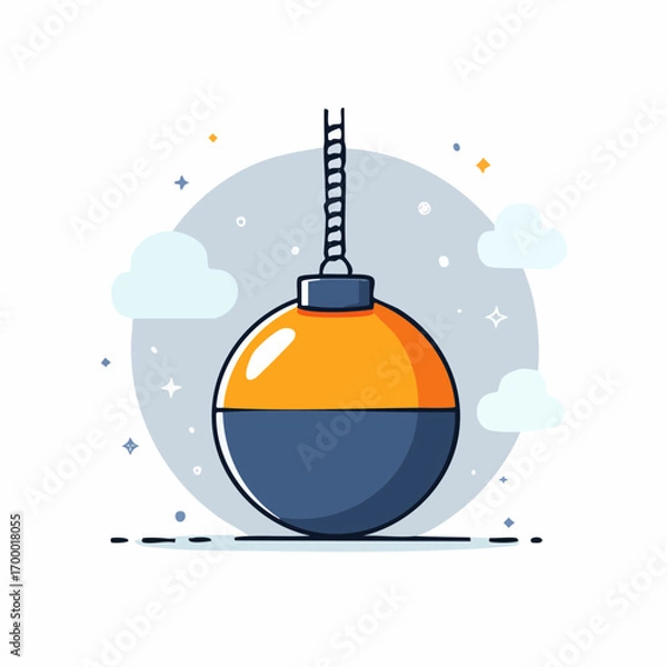 Fototapeta Orange And Blue Round Buoy Hanging From Rope With Clouds