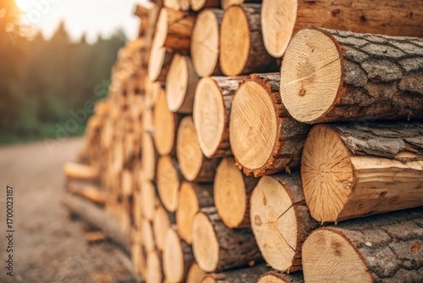 Fototapeta Logs Stacked Neatly Beside a Forest in Golden Sunset Light