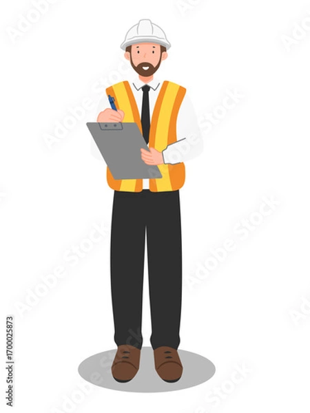 Obraz Engineer in safety vest and helmet checking compliance, workplace inspection and occupational safety illustration