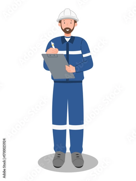 Obraz Engineer in safety uniform with hard hat writing on clipboard, construction inspection and project management illustration