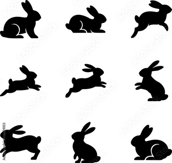Fototapeta Collection of black rabbit silhouettes transparent png in various poses