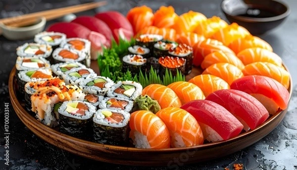 Fototapeta araffy sushi platter with various types of sushi and other foods