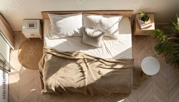 Fototapeta overhead view of cozy bed in bright room with sunlight