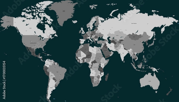 Fototapeta World map. Grey modern vector map. Silhouette map