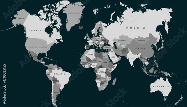 Fototapeta World map. Grey modern vector map. Silhouette map