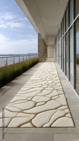 Fototapeta Elegant pathway with textured rug alongside modern building and serene waterfront view during daytime