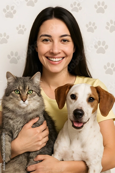 Fototapeta Capture the heartwarming bond between a woman and her cherished pets with this delightful image. A smiling woman is holding her adorable cat and dog. Perfect for pet lovers, animal-themed projects ...