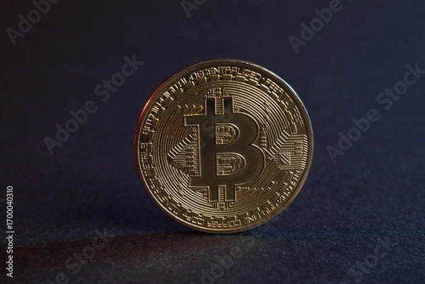 Fototapeta Cryptocurrency. Bitcoin on blue background, closeup view