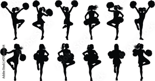 Fototapeta Cheerleader group dancing with pompom editable vector illustration icons. Silhouettes of dancing cheerleaders. Cheerleading icons