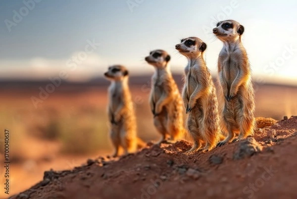 Fototapeta Group of meerkats standing alert on rocky mound in dry desert landscape during golden hour light, showing their curious and watchful nature
