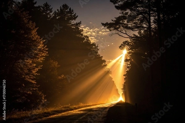 Fototapeta sun rays through the trees