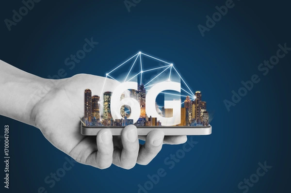 Fototapeta 6G new internet network technology, Hand holding mobile smart phone using new technology 6G internet 