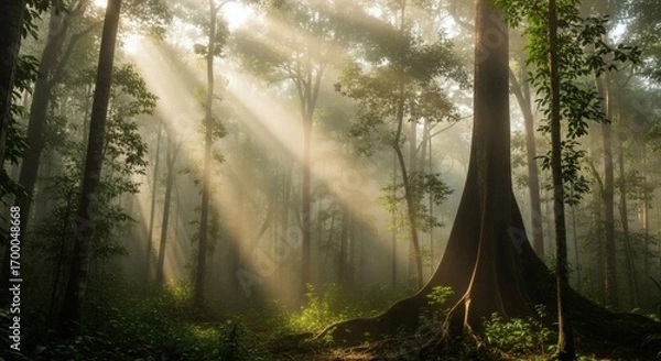 Fototapeta Sunbeams pierce a misty rainforest illuminating lush undergrowth and large trees