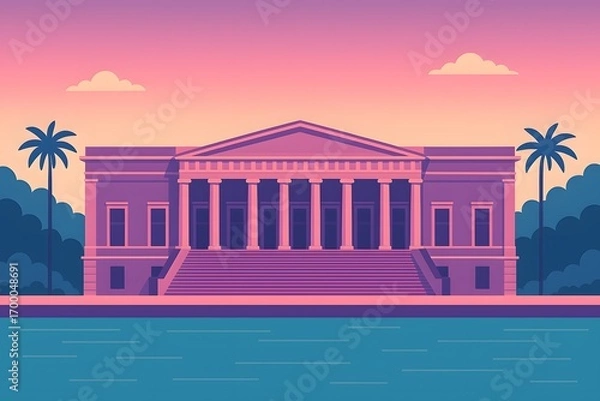 Fototapeta Digital artwork of Chhatrapati Shivaji Maharaj Vastu Sangrahalaya (formerly Prince of Wales Museum), set against pastel skies and palm trees.

