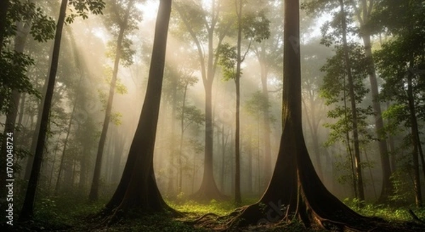 Fototapeta Sunbeams pierce misty forest canopy illuminating ancient trees