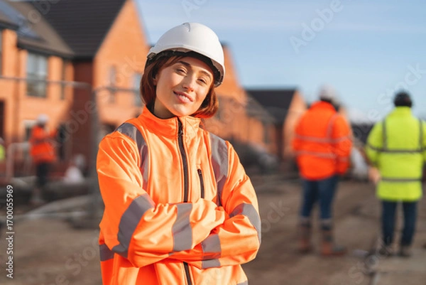 Fototapeta Portrait of Young female Construction works superviser overseeing building site activities  during sunny day while holding project files and wearing safety gear