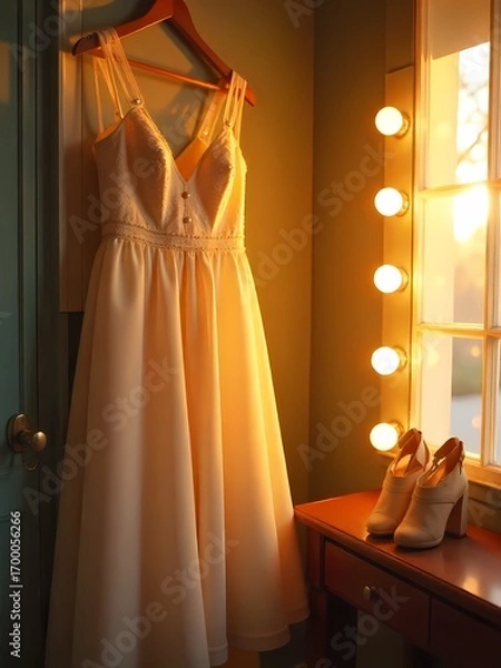 Fototapeta White lace wedding gown with a long veil hanging on a hanger behind a window in a room