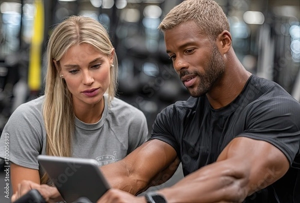 Fototapeta a personal trainer is teaching his client how to use the rowing machine in the gym, holding an ipad and showing him data on the screen