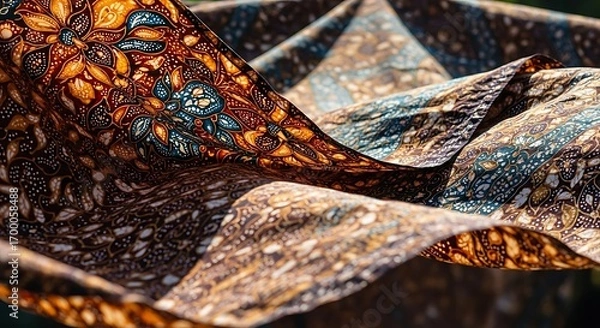 Fototapeta Close-up of flowing fabric with a vibrant, intricate floral pattern in warm earthy tones and cool blue accents