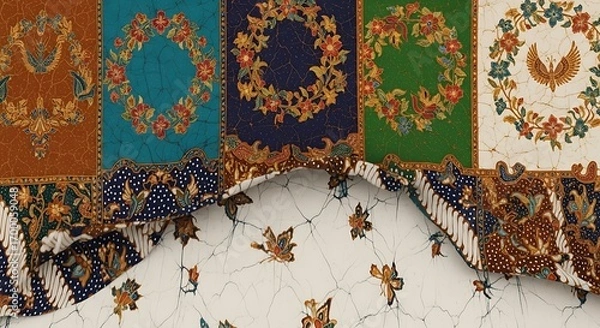 Fototapeta Colorful Textile Patterns Traditional Batik Designs with Floral and Bird Motifs