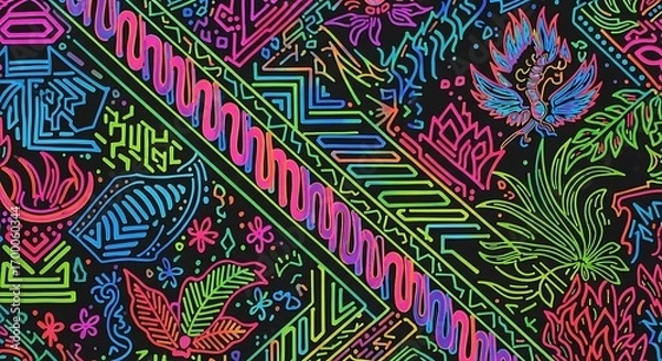 Fototapeta Abstract vibrant neon glowing patterns on a dark background with floral and geometric motifs