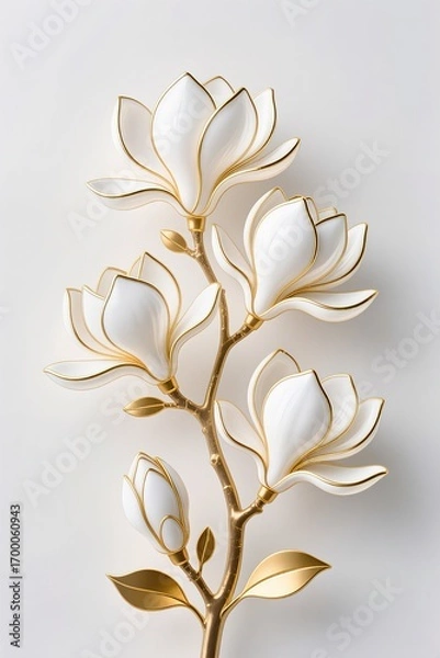 Fototapeta A surreal, simple 3d artwork of Decorative magnolia illustration with golden outlines, luxury floral design, white base