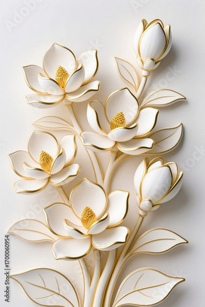 Fototapeta A surreal, simple 3d artwork of Decorative magnolia illustration with golden outlines, luxury floral design, white base