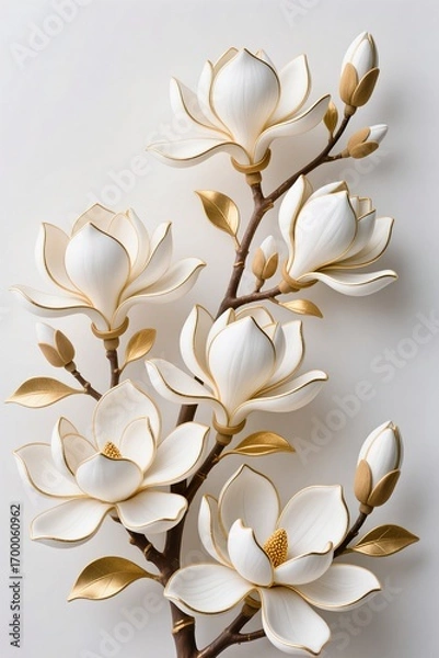 Fototapeta A surreal, simple 3d artwork of Decorative magnolia illustration with golden outlines, luxury floral design, white base