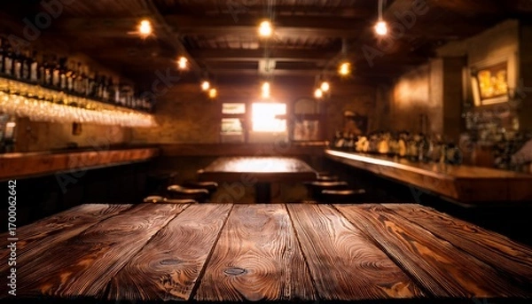 Fototapeta rustic empty wooden table vintage pub interior dark wood counter restaurant space abstract bar scene