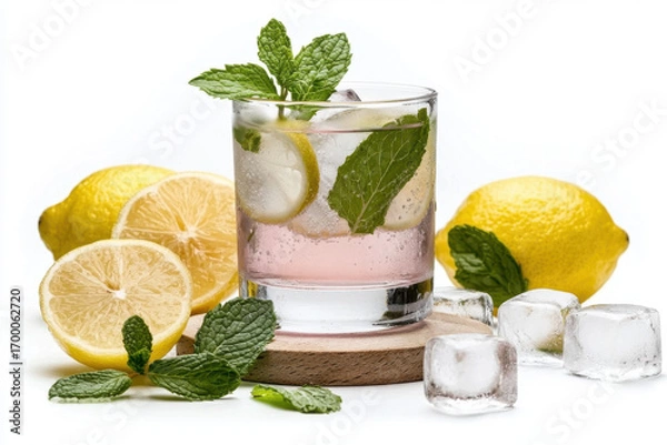 Fototapeta Refreshing glass of pink lemonade with fresh mint leaves, lemon slices, and ice cubes on wooden coaster, surrounded by whole and halved lemons and scattered mint leaves