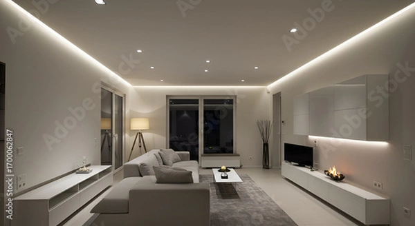 Fototapeta "Design a minimalist interior using a stretch ceiling system with integrated LED lighting and perimeter spotlights for soft indirect illumination."