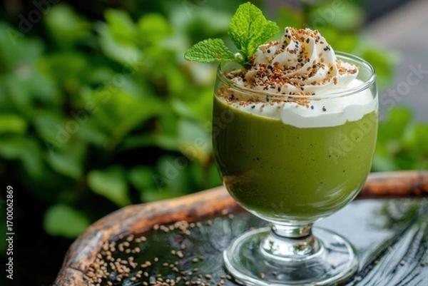 Fototapeta Creamy green matcha dessert topped with whipped cream, sprinkled with seeds and garnished with fresh mint leaves, served in clear glass on rustic tray