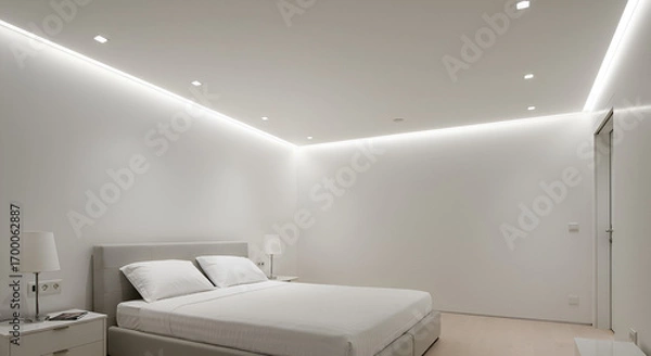 Fototapeta "Design a minimalist interior using a stretch ceiling system with integrated LED lighting and perimeter spotlights for soft indirect illumination."