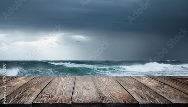 Fototapeta a weathered wooden table overlooking a stormy seaside scene