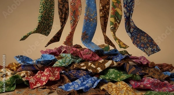 Fototapeta A vibrant cascade of colorful, traditionally patterned fabrics falling into a dynamic pile