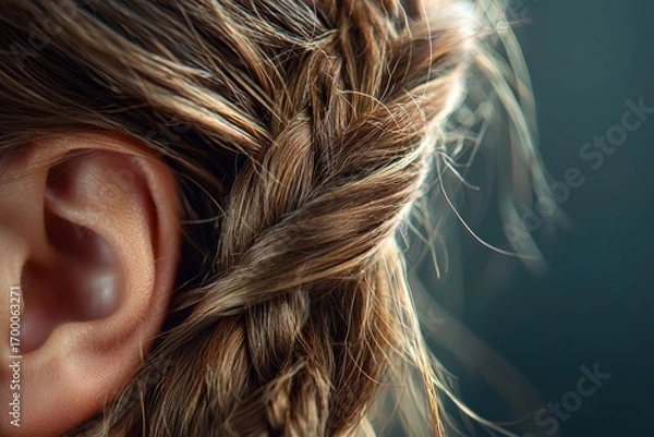 Fototapeta Messy fishtail braid with textured strands wrapped around ear, showing natural hair color and relaxed bohemian style in soft lighting