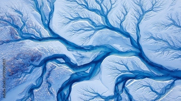 Fototapeta Aerial view of a river system, its waterways branching out like the veins of a leaf, contrasting against the pale landscape, nature's artistry, earth patterns.