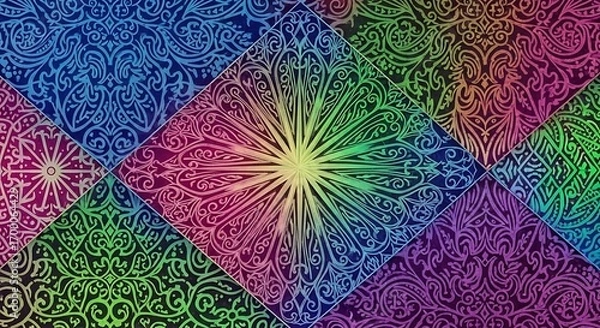 Fototapeta Vibrant and intricate mosaic of colorful square patterns, featuring ornate floral and geometric designs in a kaleidoscopic array of hues, creating a visually rich decorative backdrop