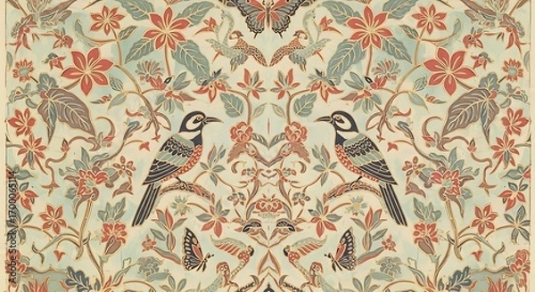 Fototapeta Elegant Vintage-Inspired Botanical Pattern Featuring Symmetrical Birds, Delicate Butterflies, and Intricate Floral Motifs in a Harmonious Design