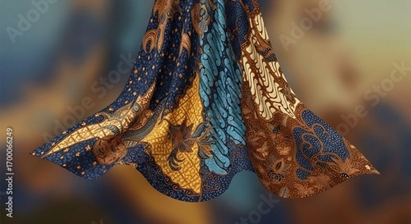 Fototapeta Exotic Batik Fabric with Intricate Patterns and Golden Accents, Flowing in a Softly Blurred Background