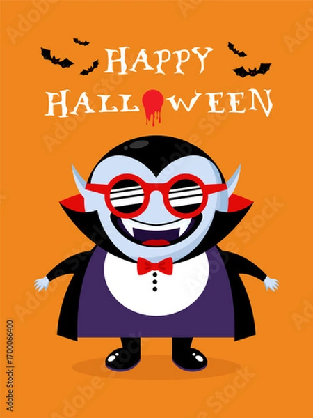 Fototapeta Halloween greeting card with stylish cartoon Dracula vampire in sunglasses. Vector illustration