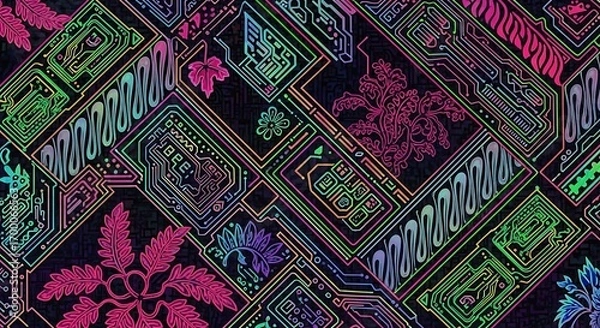 Fototapeta Vibrant Digital Damask Pattern Blending Luminous Circuit Board Elements with Intricate Organic Flora