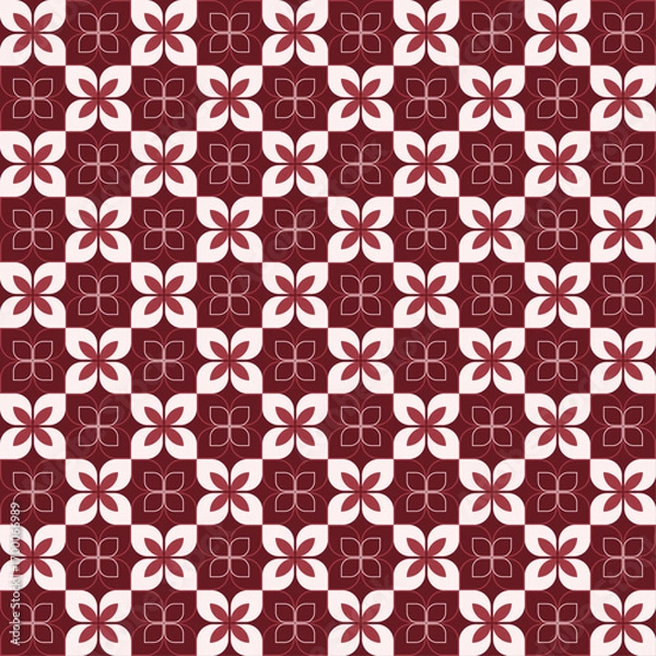 Fototapeta A vibrant seamless pattern with a striking checkerboard arrangement of the classic Kawung floral motif in shades of maroon and pink. This design is perfect for adding a pop of color and cultural flair