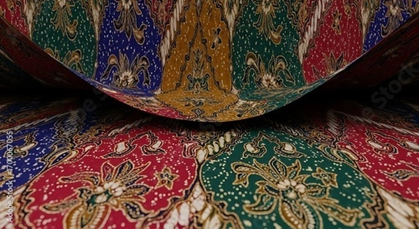 Fototapeta Abstract background of a traditional Indonesian batik fabric with a curved perspective, showcasing intricate floral and cultural patterns